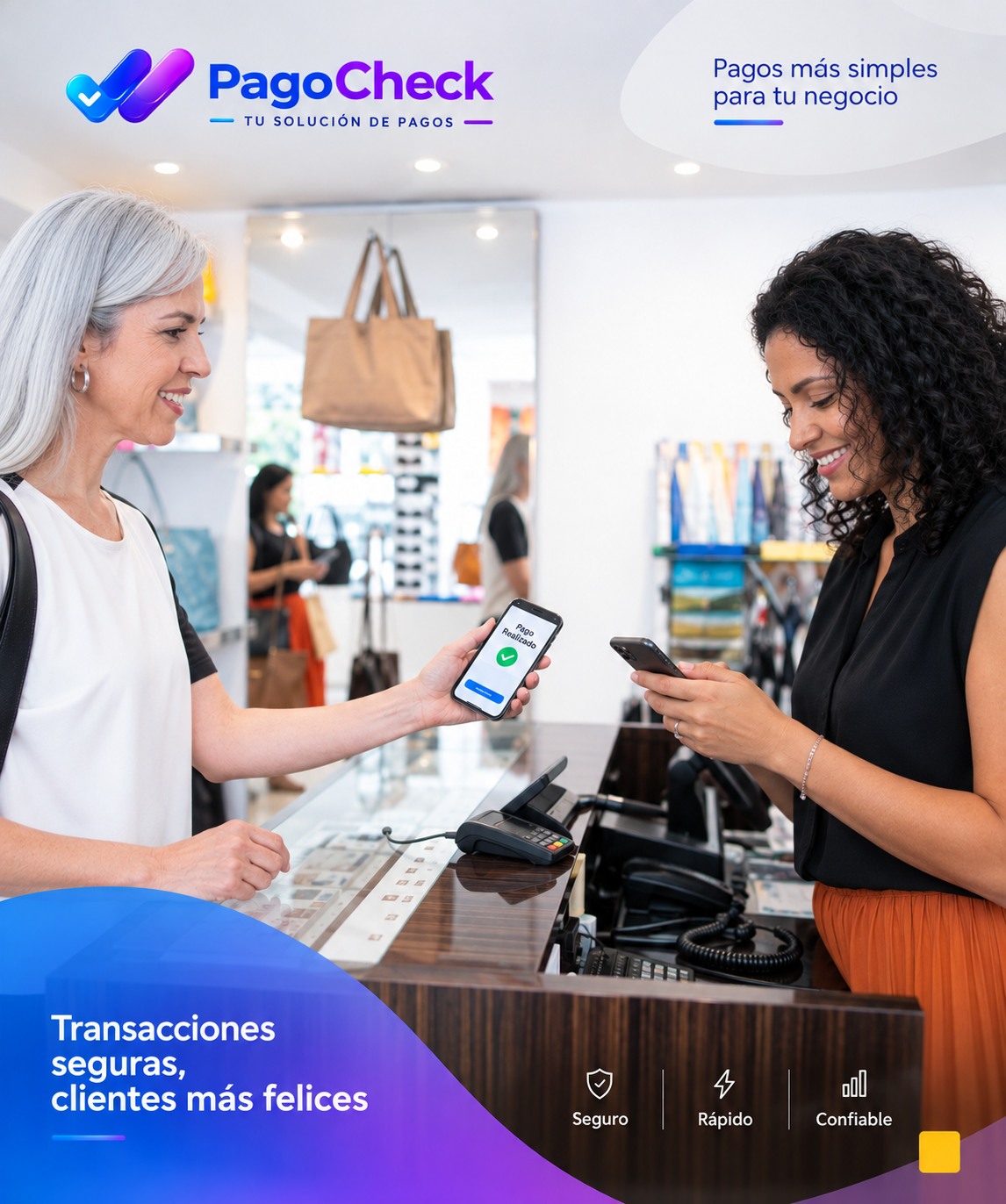Una clienta y una vendedora revisan un pago en sus teléfonos en el mostrador de una tienda
